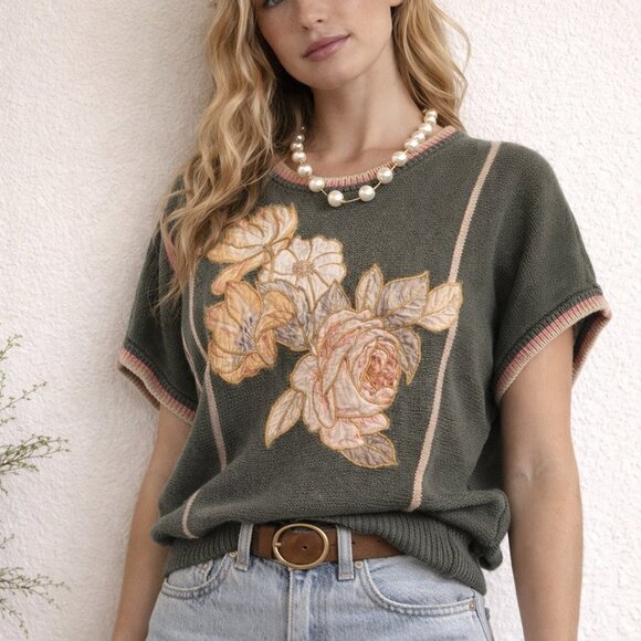 CALICO Tops - Vintage 80s Calico Floral Appliqué Sweater Top Cottagecore Preppy Knit Blouse